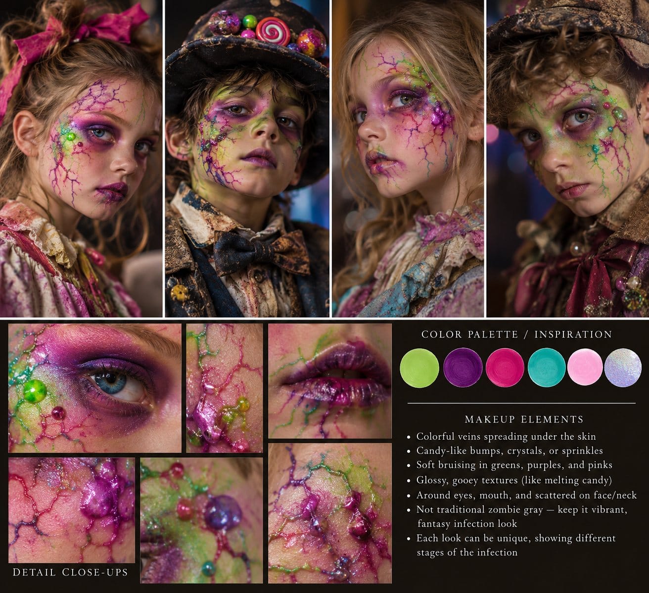Candy-zombie makeup concept board